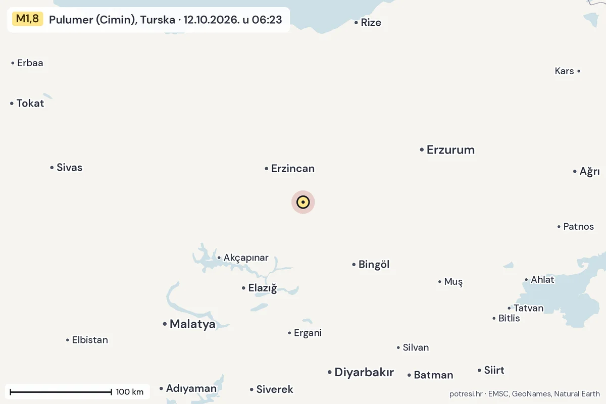 Karta: šire područje, 600 km, potres M1,8, Pulumer (Cimin), Turska, 12.10.2026.