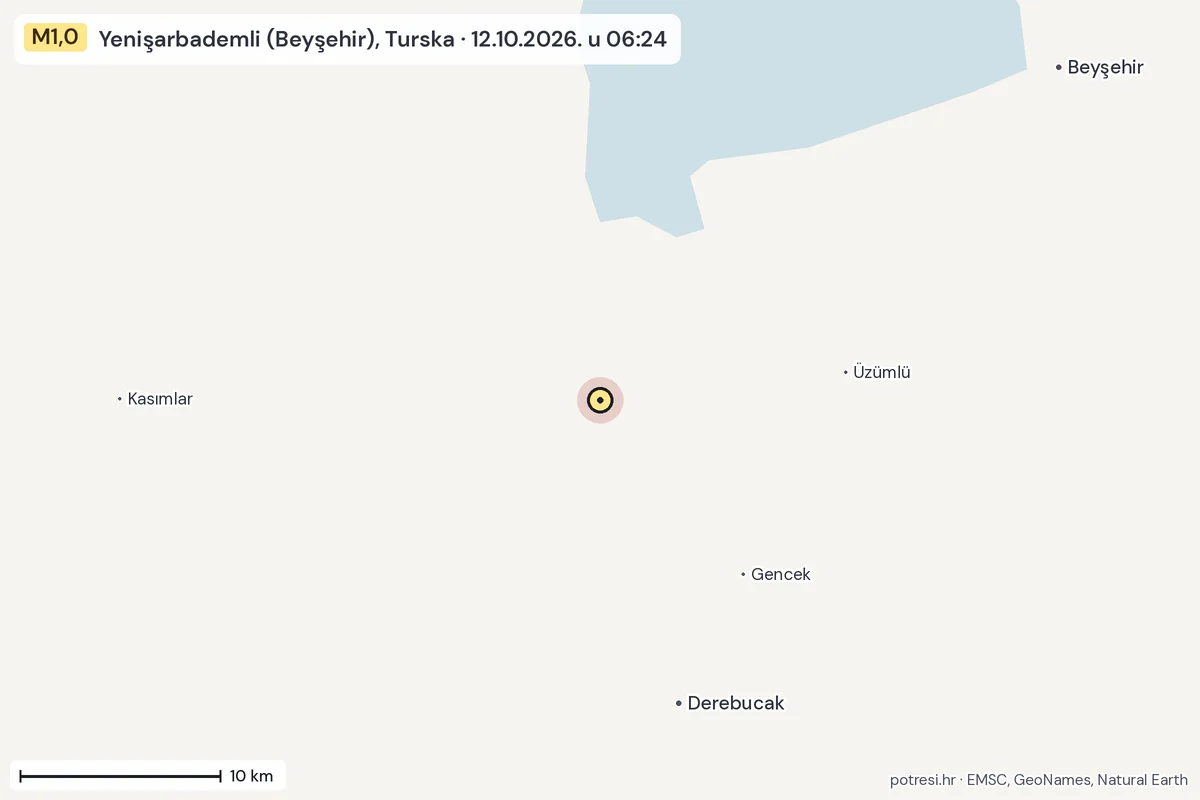 Karta: okolica epicentra, 60 km, potres M1,0, Yenişarbademli (Beyşehir), Turska, 12.10.2026.