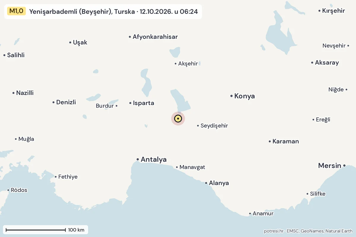 Karta: šire područje, 600 km, potres M1,0, Yenişarbademli (Beyşehir), Turska, 12.10.2026.