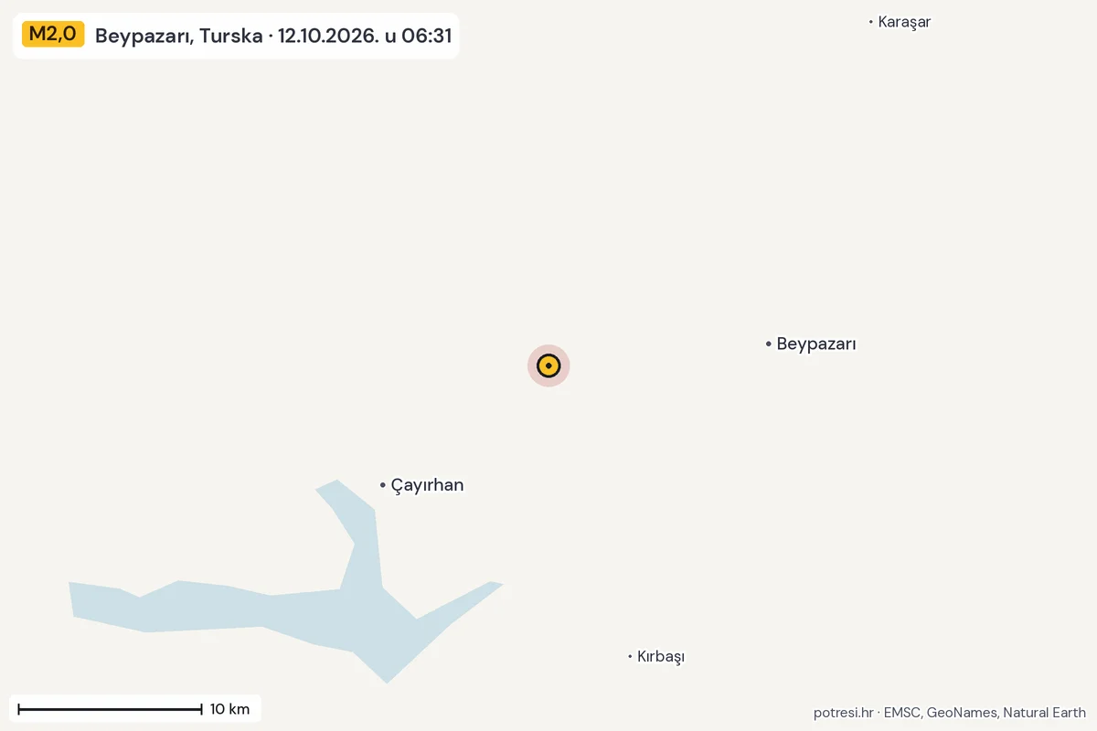 Karta: okolica epicentra, 60 km, potres M2,0, Beypazarı, Turska, 12.10.2026.