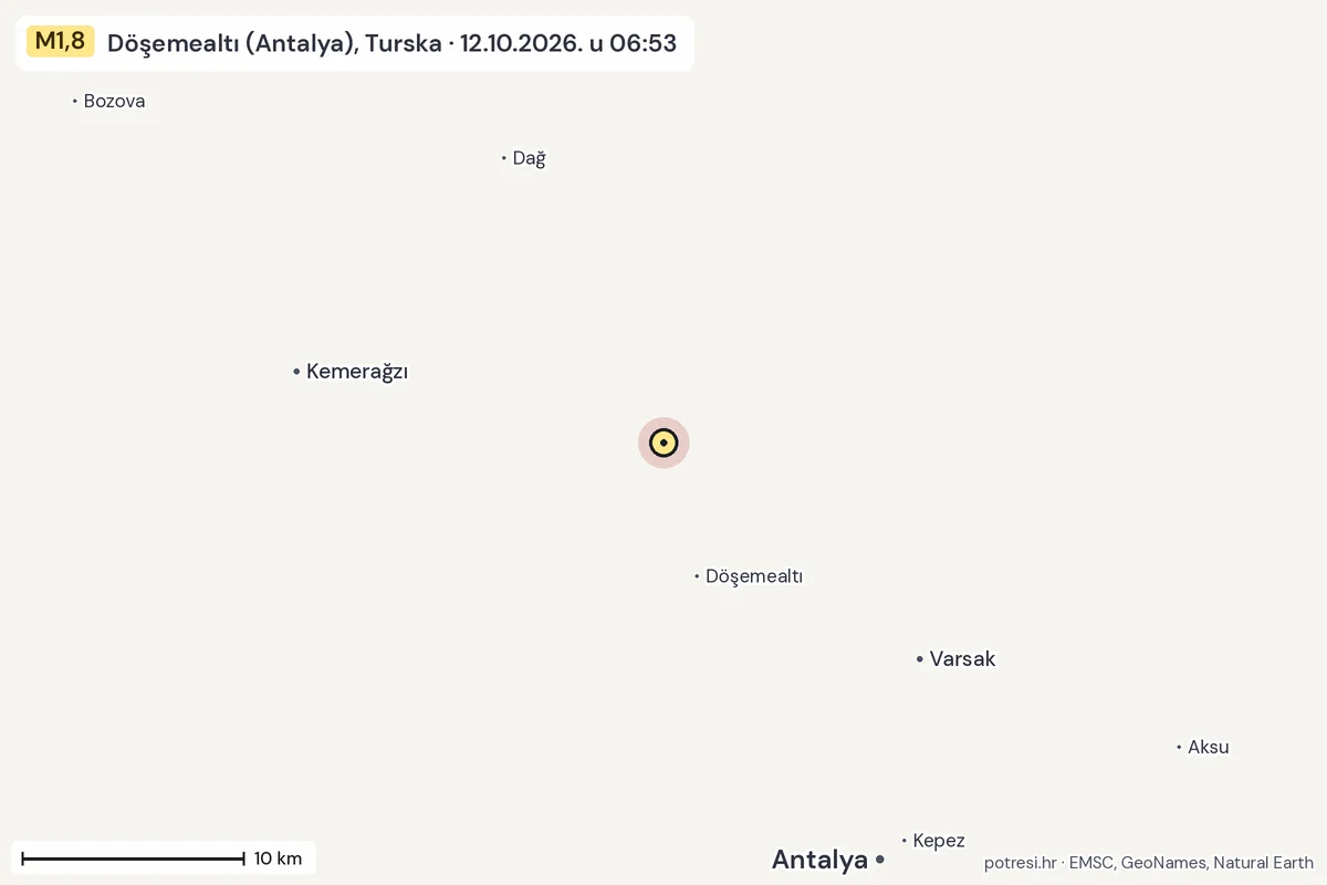 Karta: okolica epicentra, 60 km, potres M1,8, Döşemealtı (Antalya), Turska, 12.10.2026.