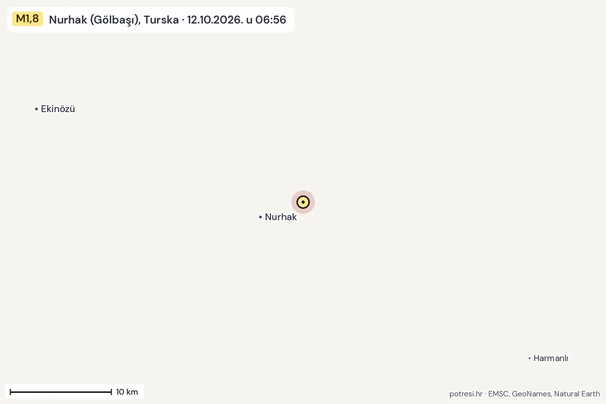Karta: okolica epicentra, 60 km, potres M1,8, Nurhak (Gölbaşı), Turska, 12.10.2026.