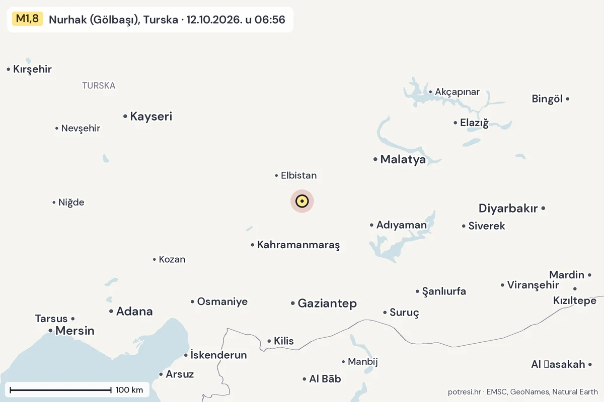 Karta: šire područje, 600 km, potres M1,8, Nurhak (Gölbaşı), Turska, 12.10.2026.