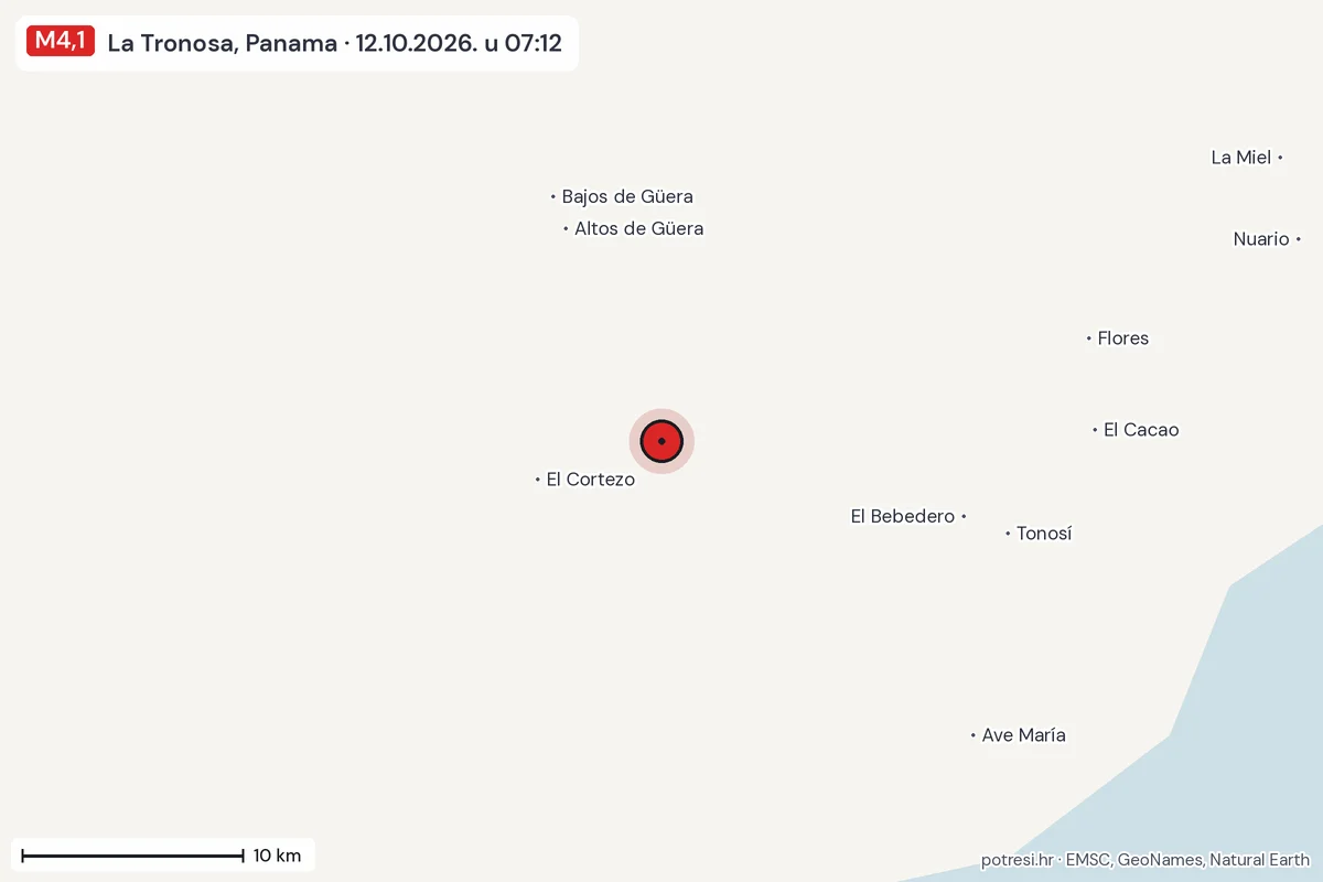 Karta: okolica epicentra, 60 km, potres M4,1, La Tronosa, Panama, 12.10.2026.