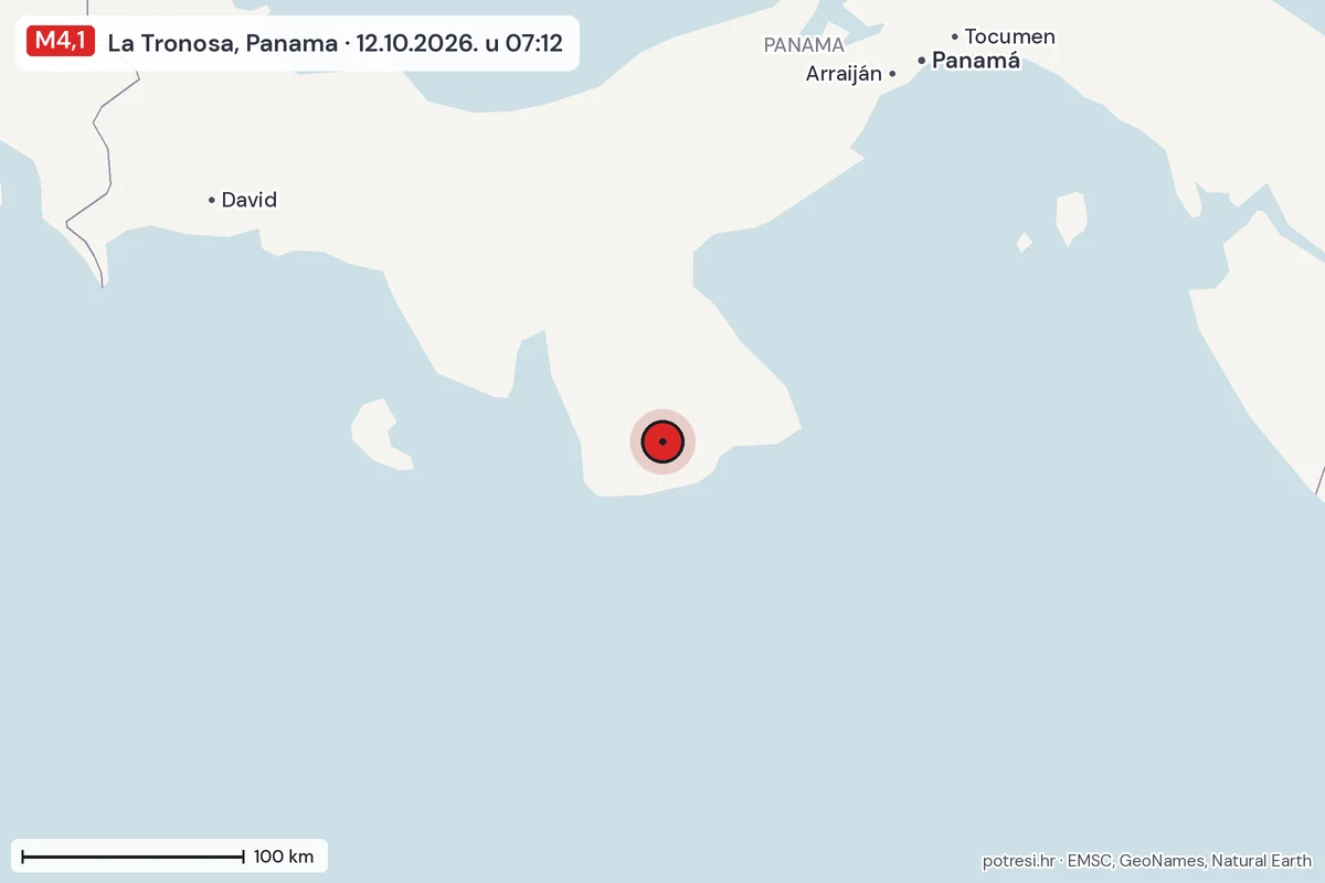 Karta: šire područje, 600 km, potres M4,1, La Tronosa, Panama, 12.10.2026.