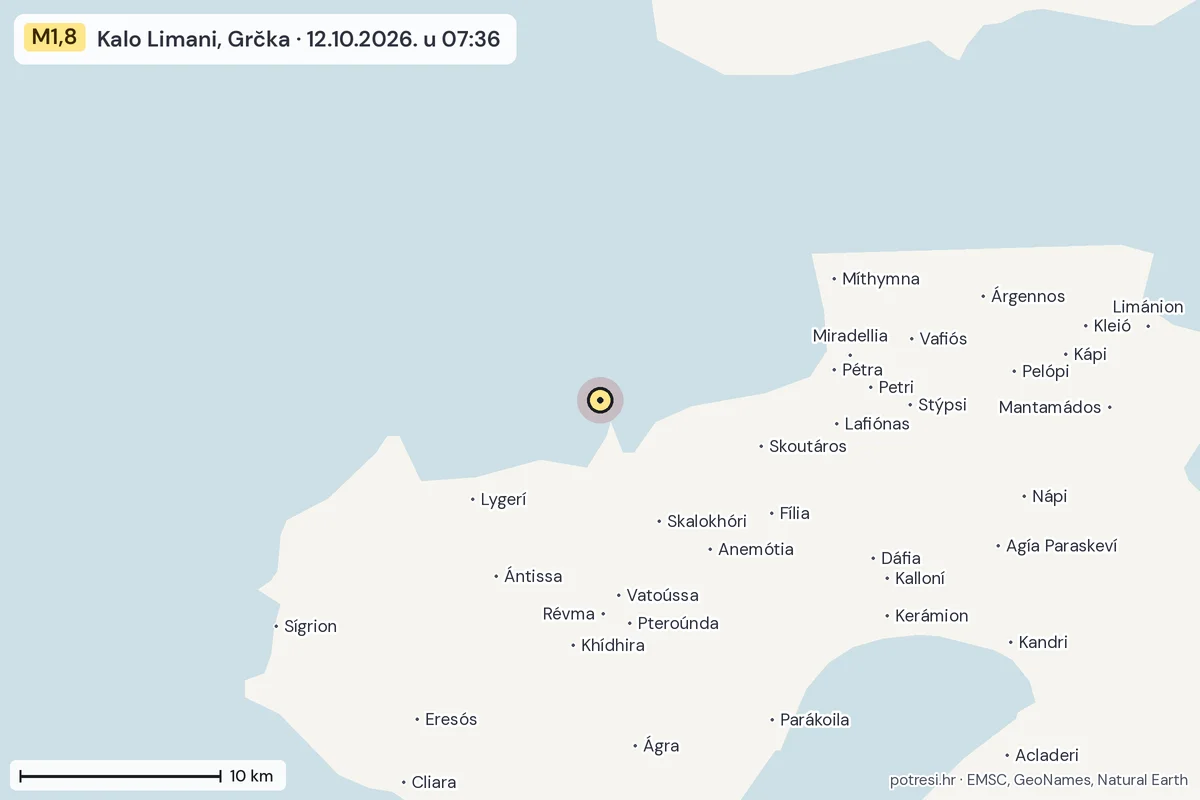 Karta: okolica epicentra, 60 km, potres M1,8, Kalo Limani, Grčka, 12.10.2026.