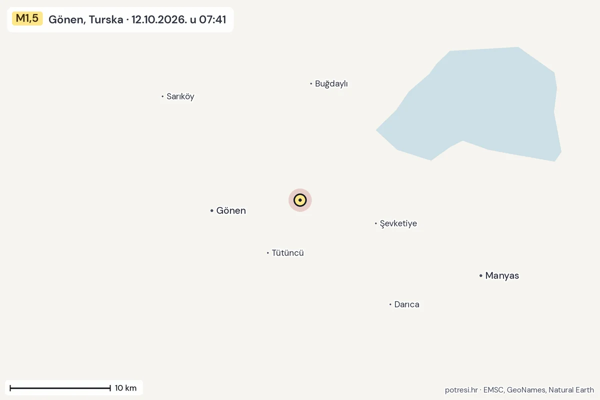 Karta: okolica epicentra, 60 km, potres M1,5, Gönen, Turska, 12.10.2026.