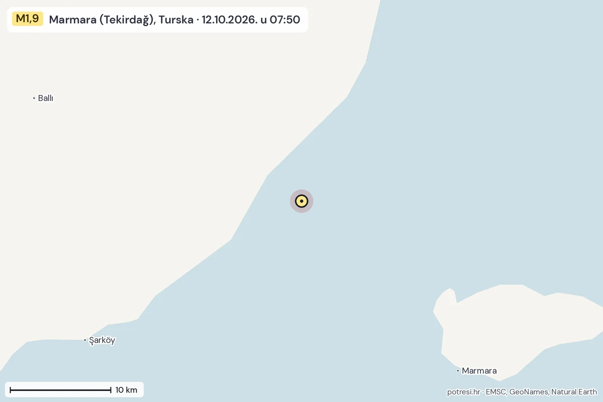 Karta: okolica epicentra, 60 km, potres M1,9, Marmara (Tekirdağ), Turska, 12.10.2026.
