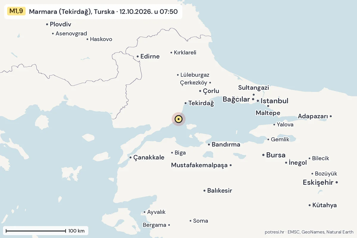 Karta: šire područje, 600 km, potres M1,9, Marmara (Tekirdağ), Turska, 12.10.2026.