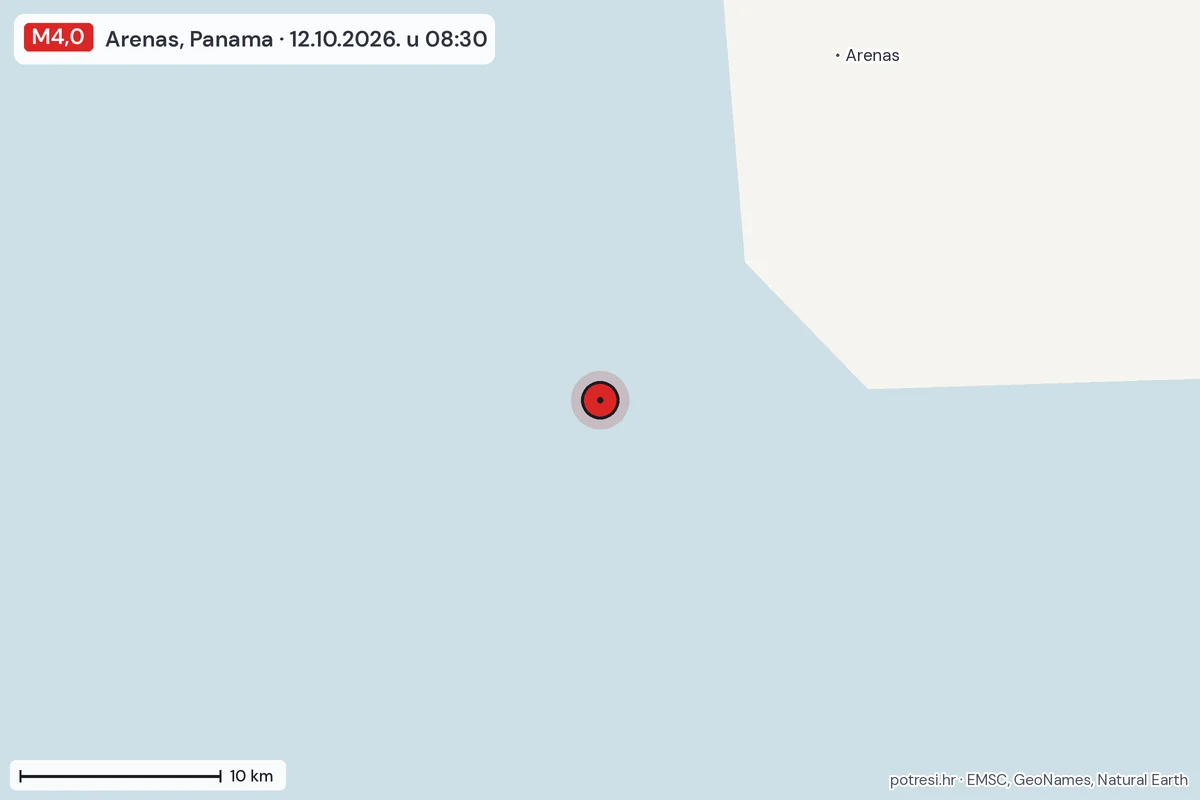Karta: okolica epicentra, 60 km, potres M4,0, Arenas, Panama, 12.10.2026.