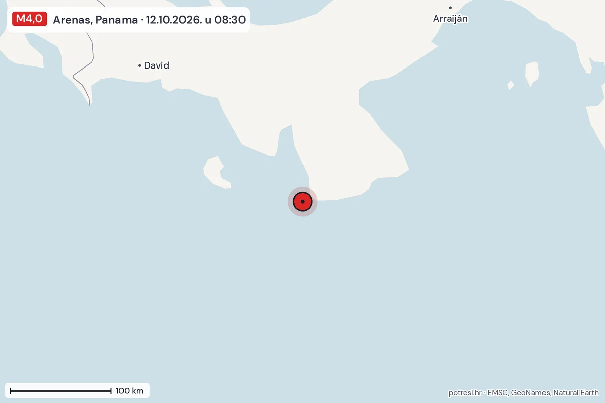 Karta: šire područje, 600 km, potres M4,0, Arenas, Panama, 12.10.2026.