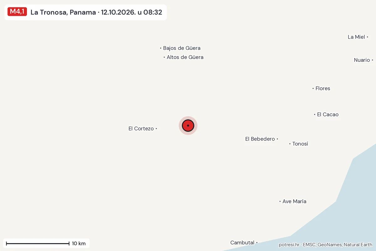Karta: okolica epicentra, 60 km, potres M4,1, La Tronosa, Panama, 12.10.2026.