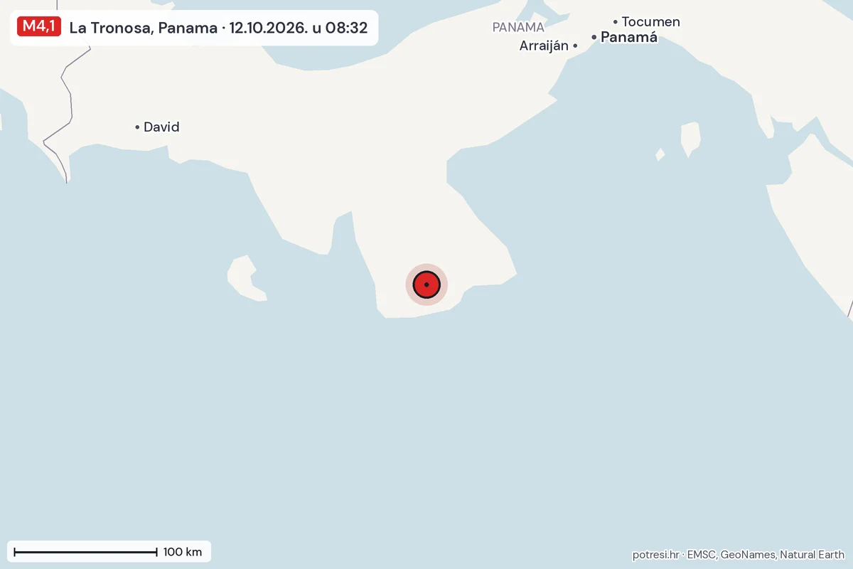 Karta: šire područje, 600 km, potres M4,1, La Tronosa, Panama, 12.10.2026.