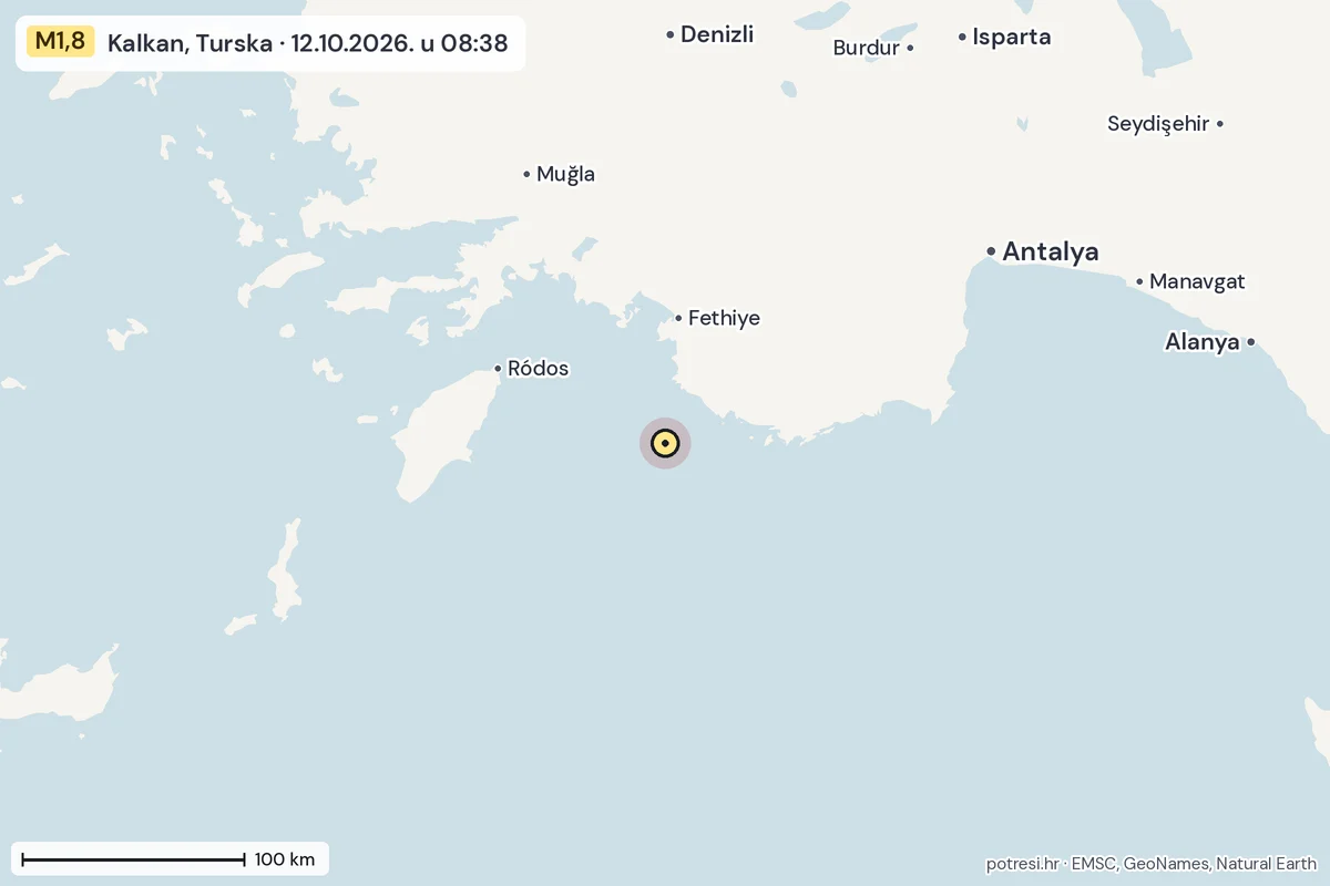 Karta: šire područje, 600 km, potres M1,8, Kalkan, Turska, 12.10.2026.