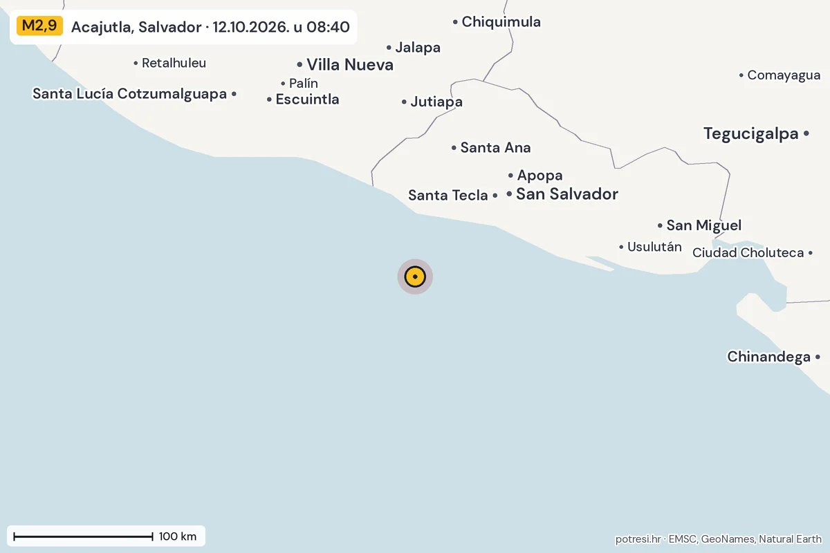Karta: šire područje, 600 km, potres M2,9, Acajutla, Salvador, 12.10.2026.