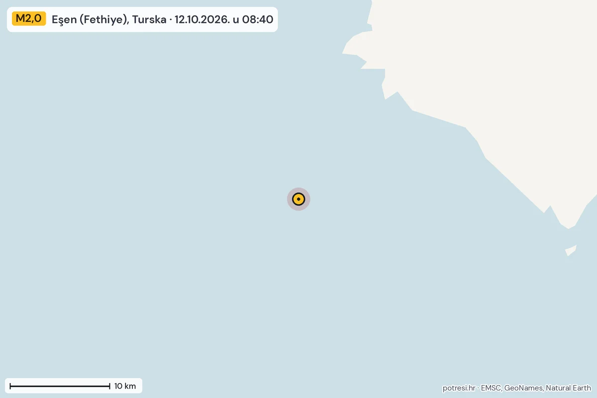 Karta: okolica epicentra, 60 km, potres M2,0, Eşen (Fethiye), Turska, 12.10.2026.