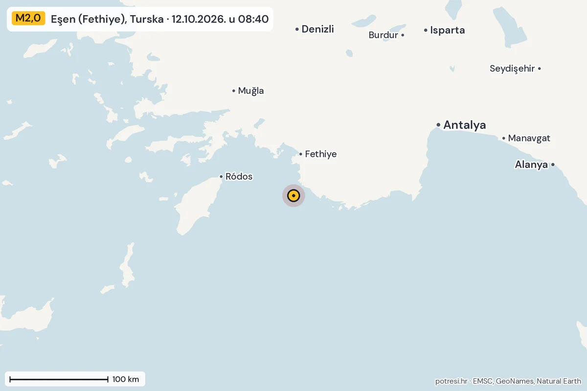 Karta: šire područje, 600 km, potres M2,0, Eşen (Fethiye), Turska, 12.10.2026.