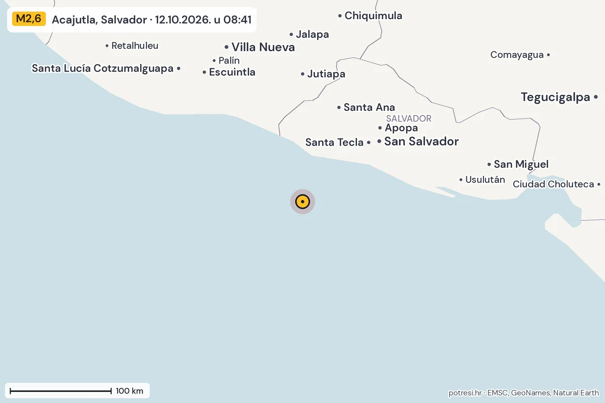 Karta: šire područje, 600 km, potres M2,6, Acajutla, Salvador, 12.10.2026.
