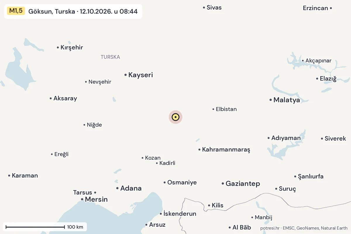 Karta: šire područje, 600 km, potres M1,5, Göksun, Turska, 12.10.2026.