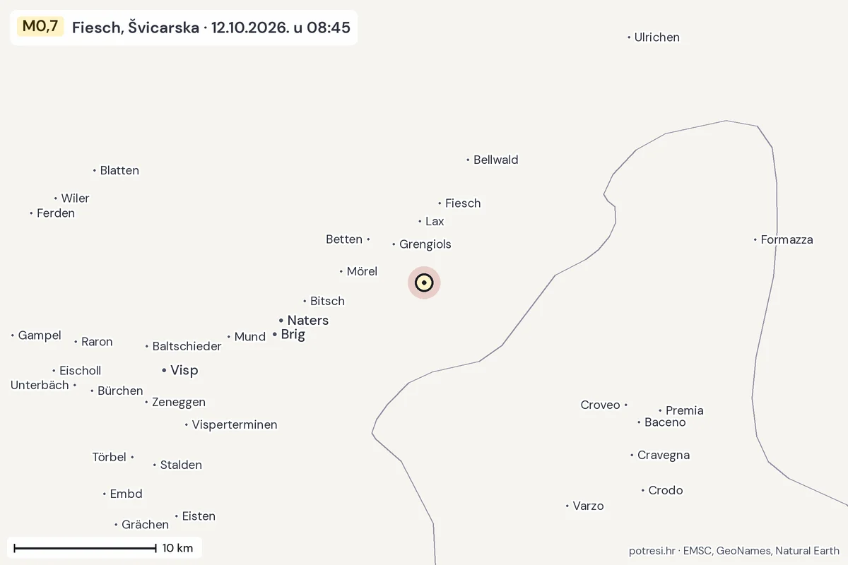 Karta: okolica epicentra, 60 km, potres M0,7, Fiesch, Švicarska, 12.10.2026.