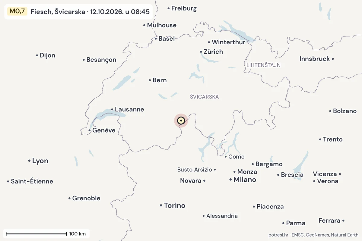 Karta: šire područje, 600 km, potres M0,7, Fiesch, Švicarska, 12.10.2026.