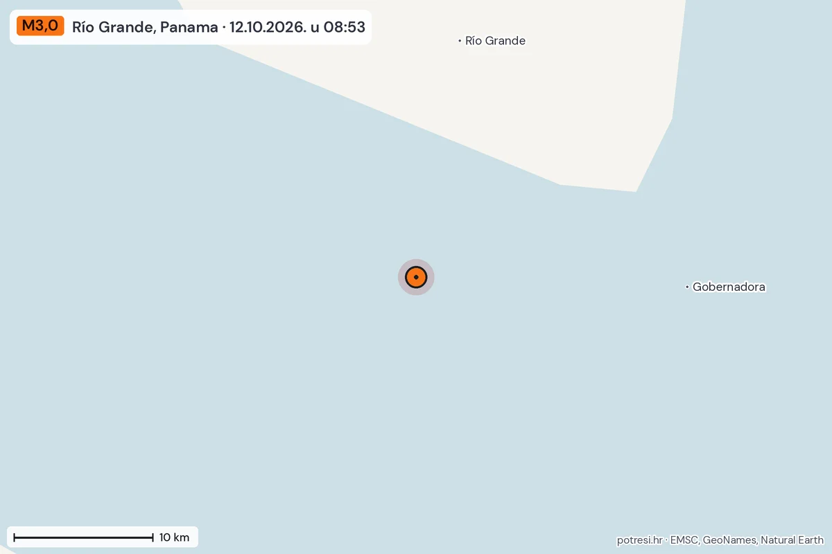 Karta: okolica epicentra, 60 km, potres M3,0, Río Grande, Panama, 12.10.2026.