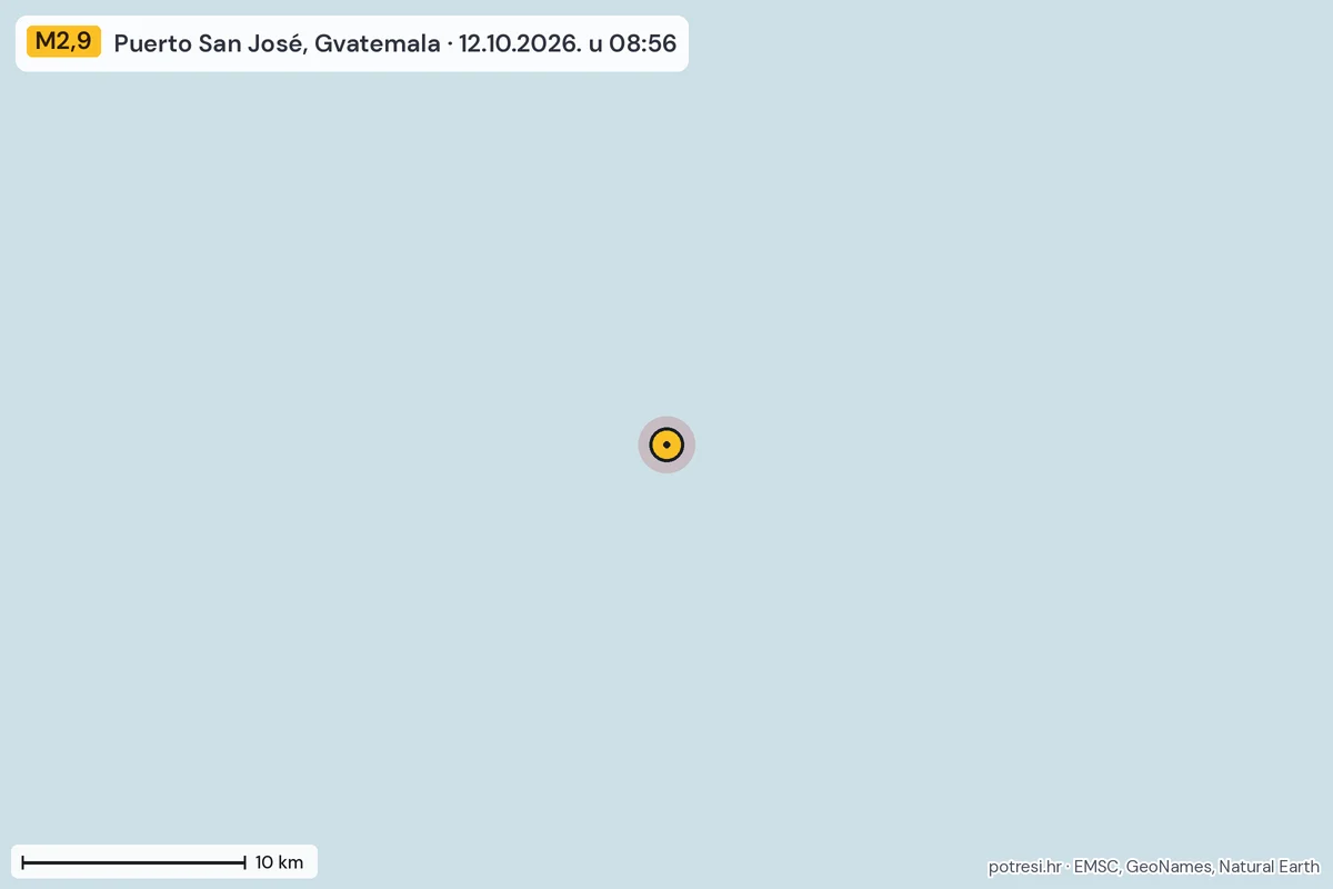 Karta: okolica epicentra, 60 km, potres M2,9, Puerto San José, Gvatemala, 12.10.2026.