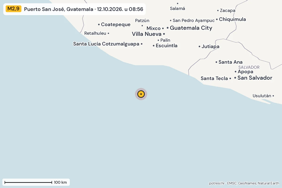 Karta: šire područje, 600 km, potres M2,9, Puerto San José, Gvatemala, 12.10.2026.