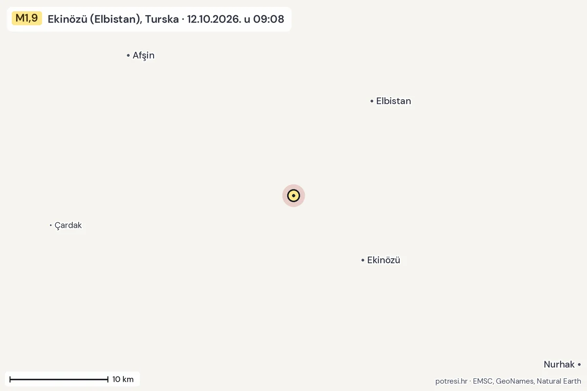 Karta: okolica epicentra, 60 km, potres M1,9, Ekinözü (Elbistan), Turska, 12.10.2026.