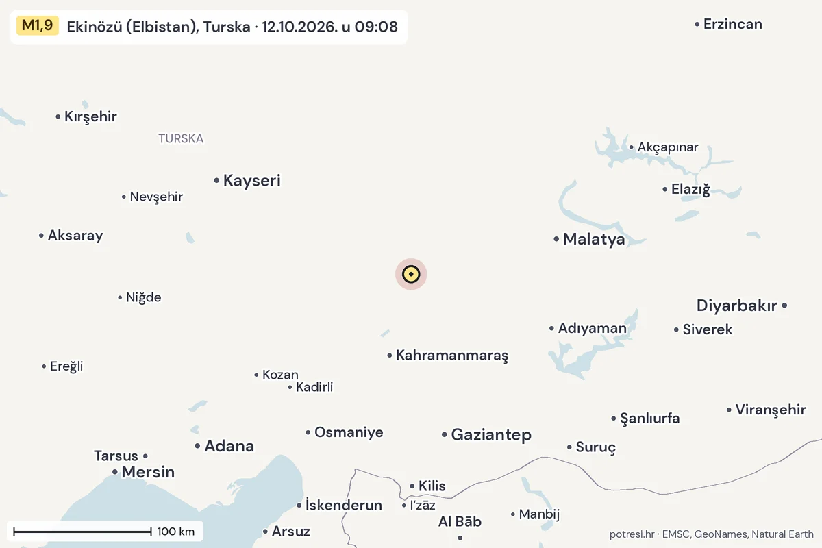 Karta: šire područje, 600 km, potres M1,9, Ekinözü (Elbistan), Turska, 12.10.2026.
