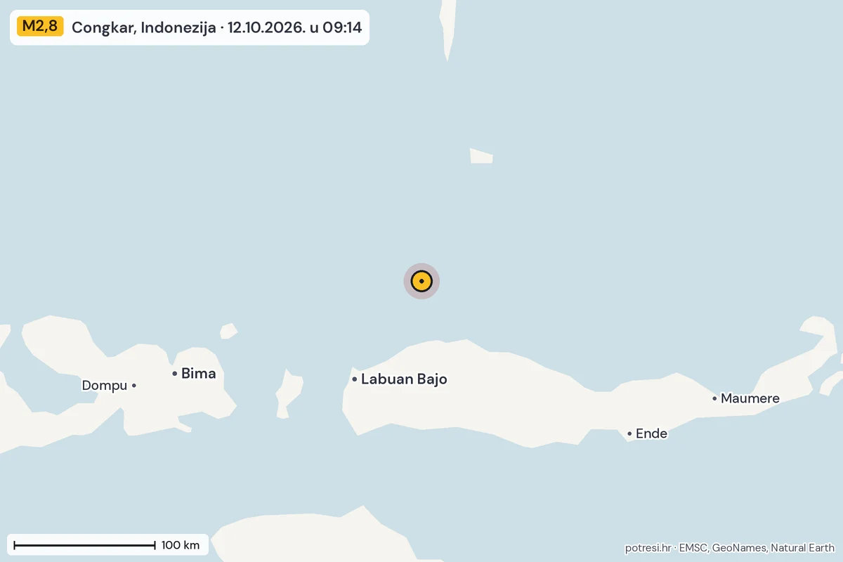 Karta: šire područje, 600 km, potres M2,8, Congkar, Indonezija, 12.10.2026.