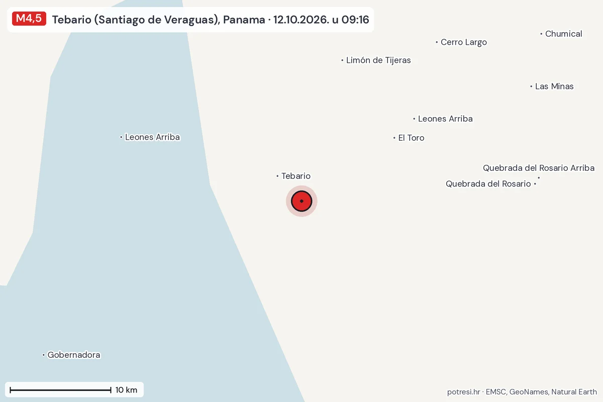Karta: okolica epicentra, 60 km, potres M4,5, Tebario (Santiago de Veraguas), Panama, 12.10.2026.