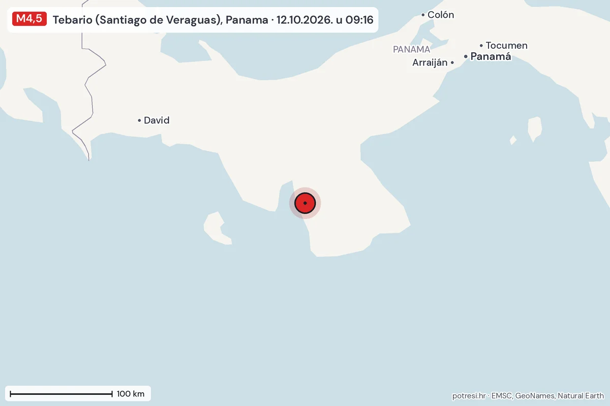 Karta: šire područje, 600 km, potres M4,5, Tebario (Santiago de Veraguas), Panama, 12.10.2026.