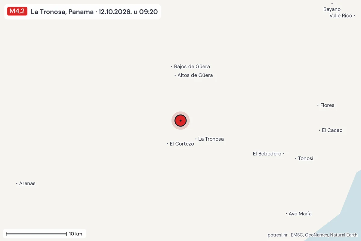 Karta: okolica epicentra, 60 km, potres M4,2, La Tronosa, Panama, 12.10.2026.