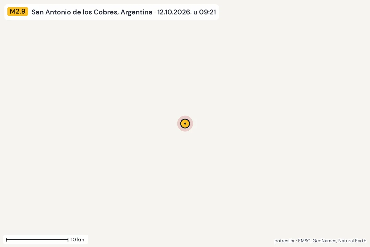 Karta: okolica epicentra, 60 km, potres M2,9, San Antonio de los Cobres, Argentina, 12.10.2026.