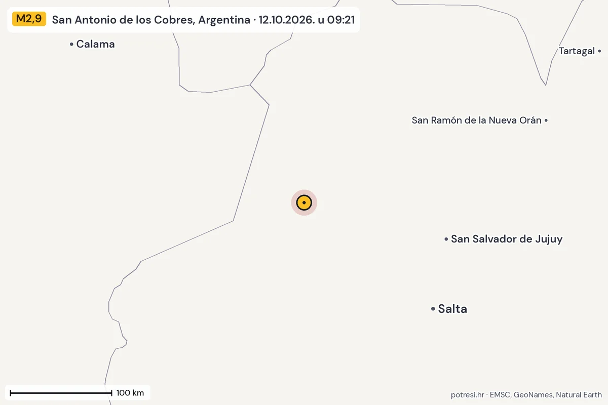 Karta: šire područje, 600 km, potres M2,9, San Antonio de los Cobres, Argentina, 12.10.2026.