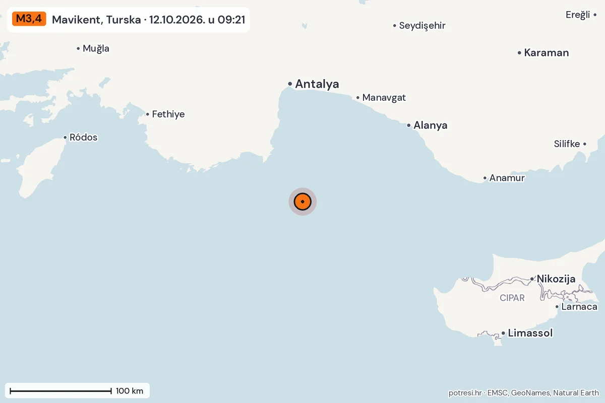 Karta: šire područje, 600 km, potres M3,4, Mavikent, Turska, 12.10.2026.