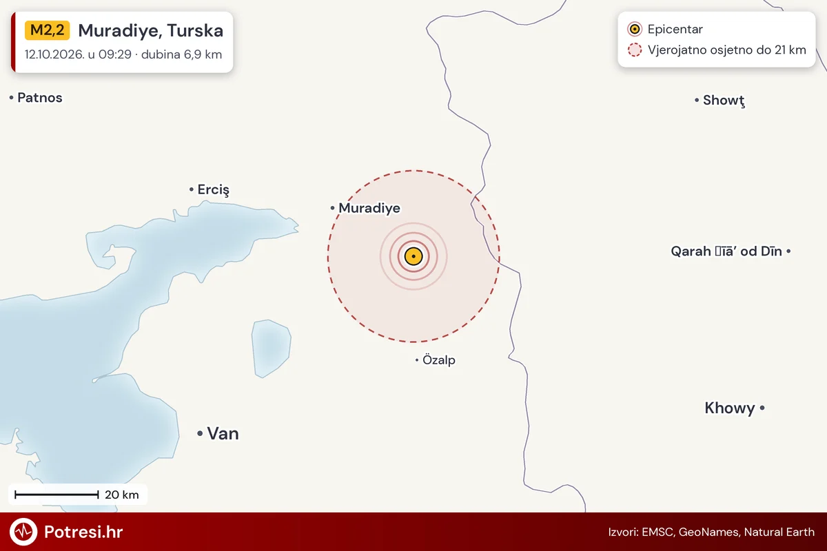 Karta: šire područje i vjerojatni doseg osjeta, potres M2,2, Muradiye, Turska, 12.10.2026.