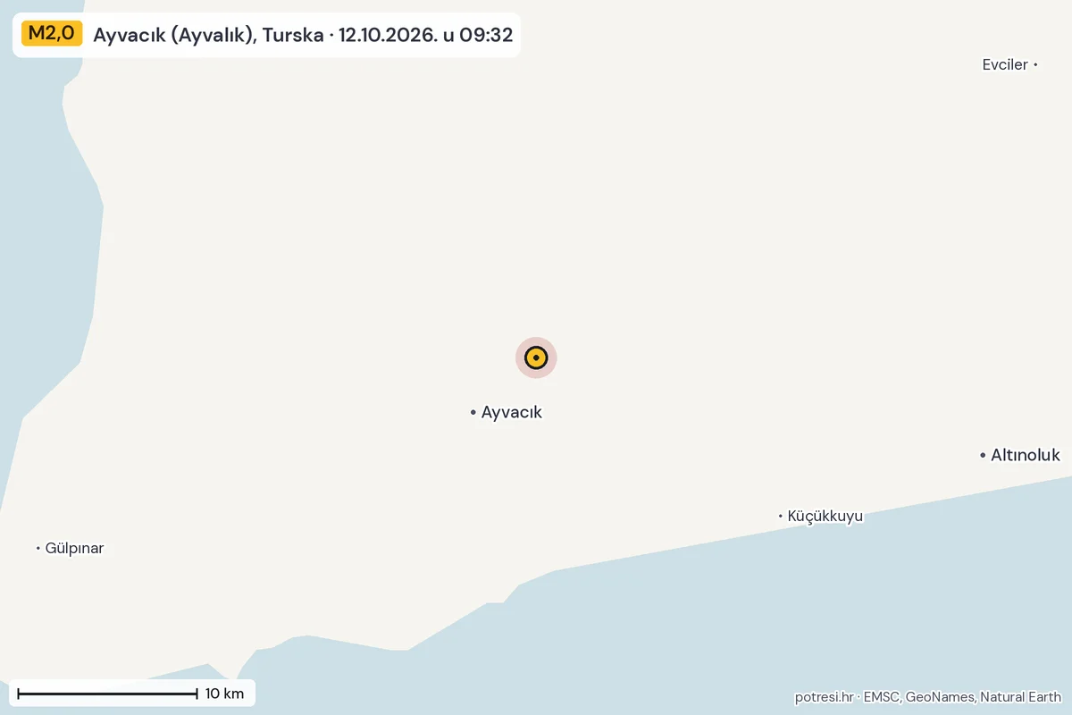 Karta: okolica epicentra, 60 km, potres M2,0, Ayvacık (Ayvalık), Turska, 12.10.2026.