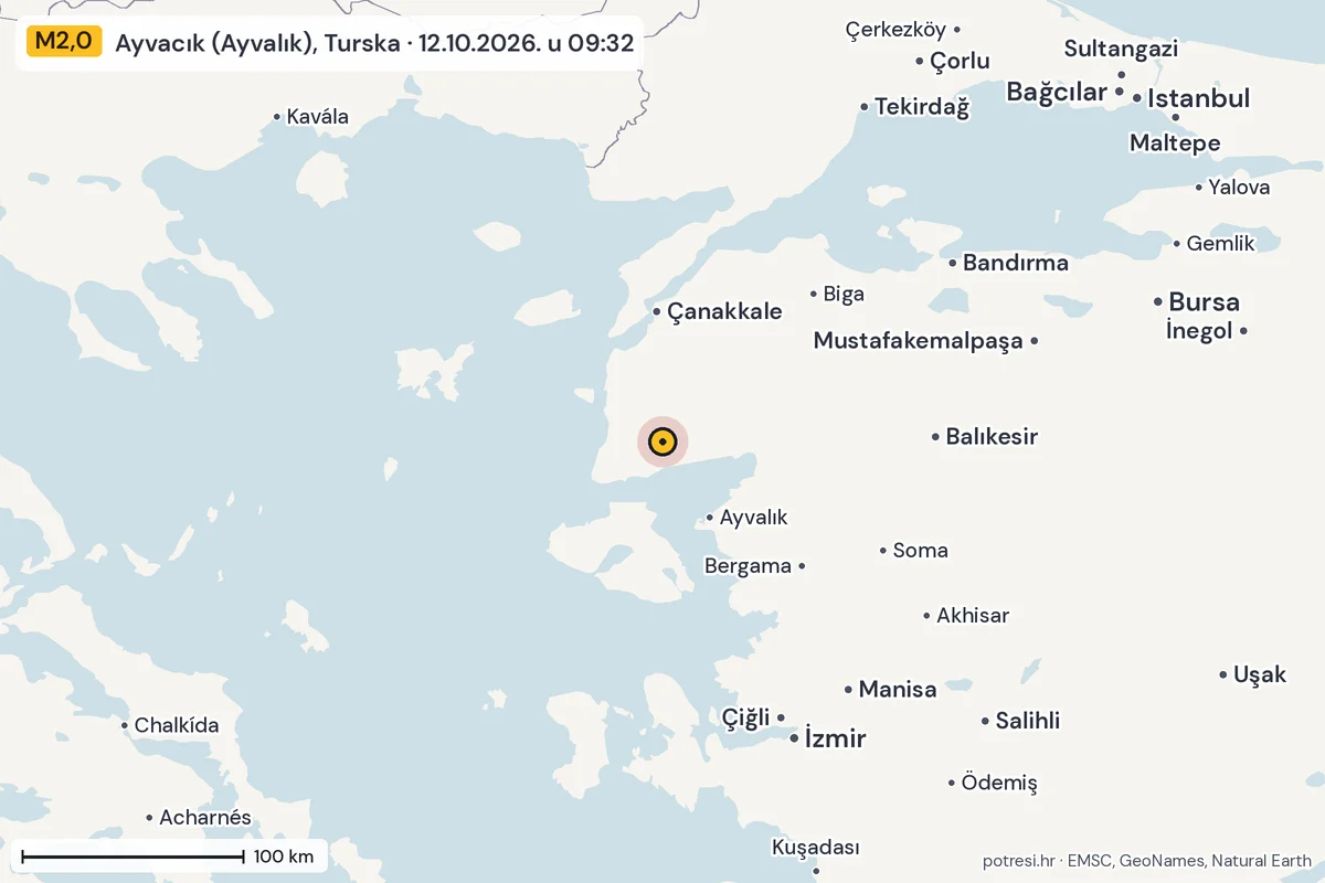 Karta: šire područje, 600 km, potres M2,0, Ayvacık (Ayvalık), Turska, 12.10.2026.