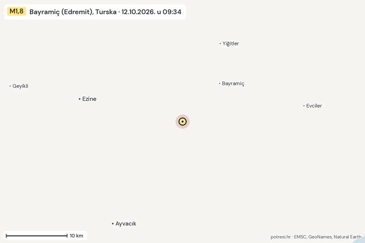 Karta: okolica epicentra, 60 km, potres M1,8, Bayramiç (Edremit), Turska, 12.10.2026.