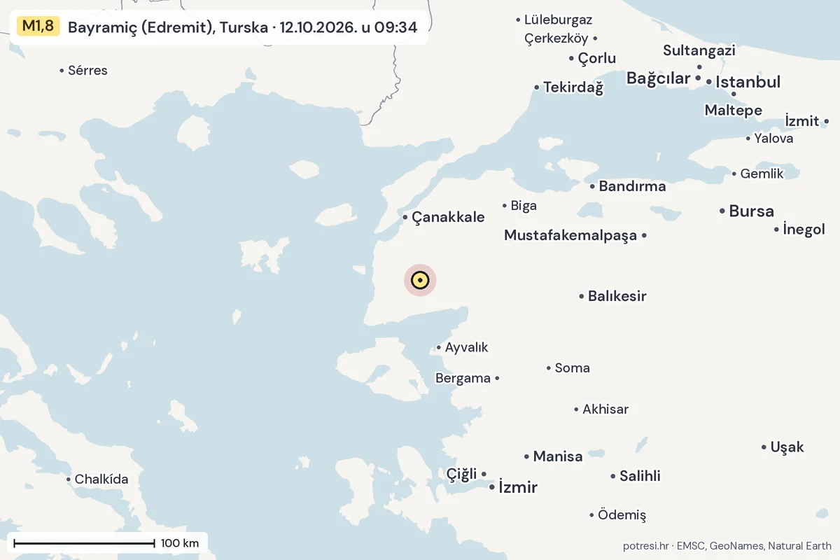 Karta: šire područje, 600 km, potres M1,8, Bayramiç (Edremit), Turska, 12.10.2026.
