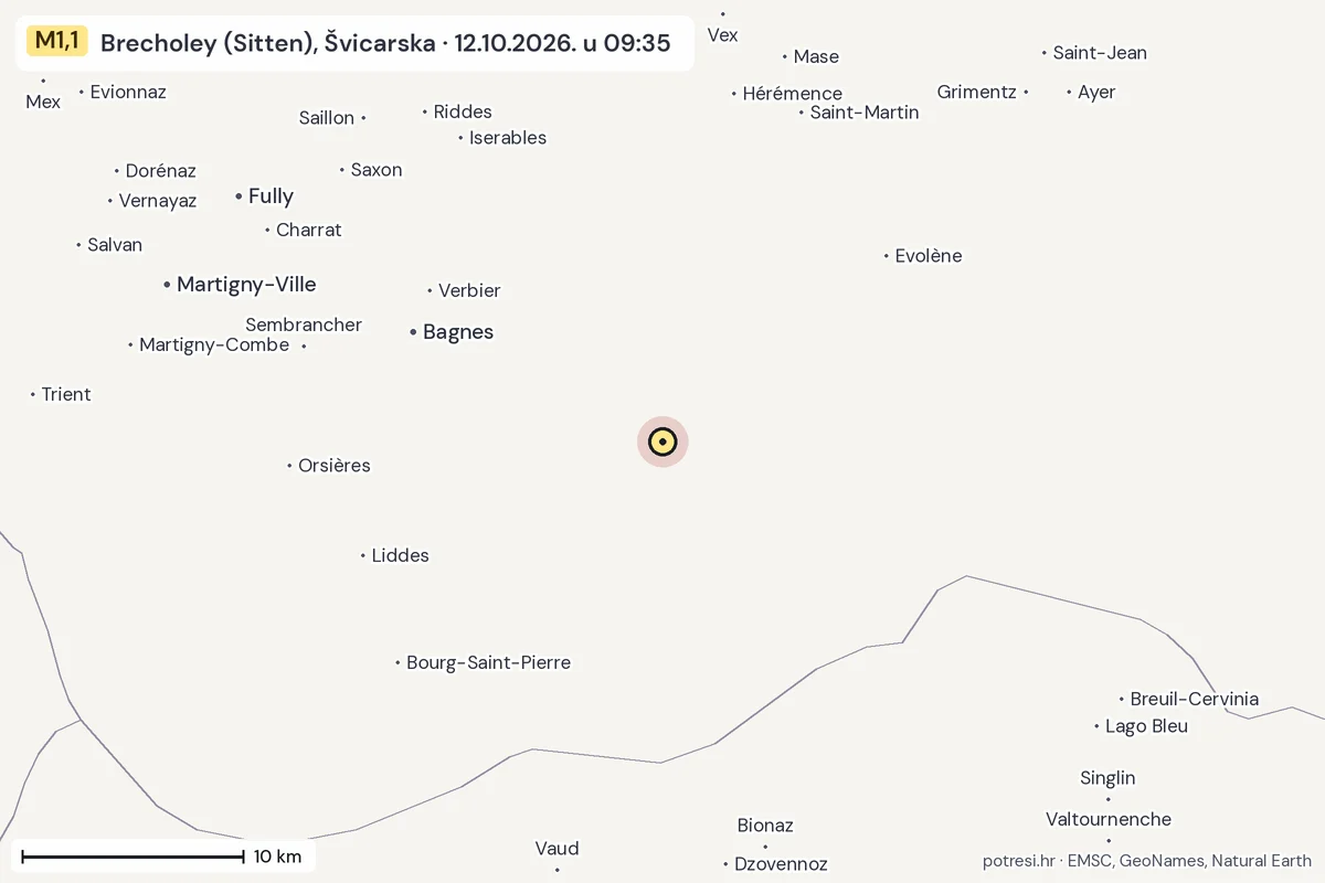 Karta: okolica epicentra, 60 km, potres M1,1, Brecholey (Sitten), Švicarska, 12.10.2026.