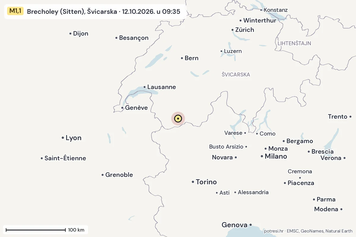 Karta: šire područje, 600 km, potres M1,1, Brecholey (Sitten), Švicarska, 12.10.2026.