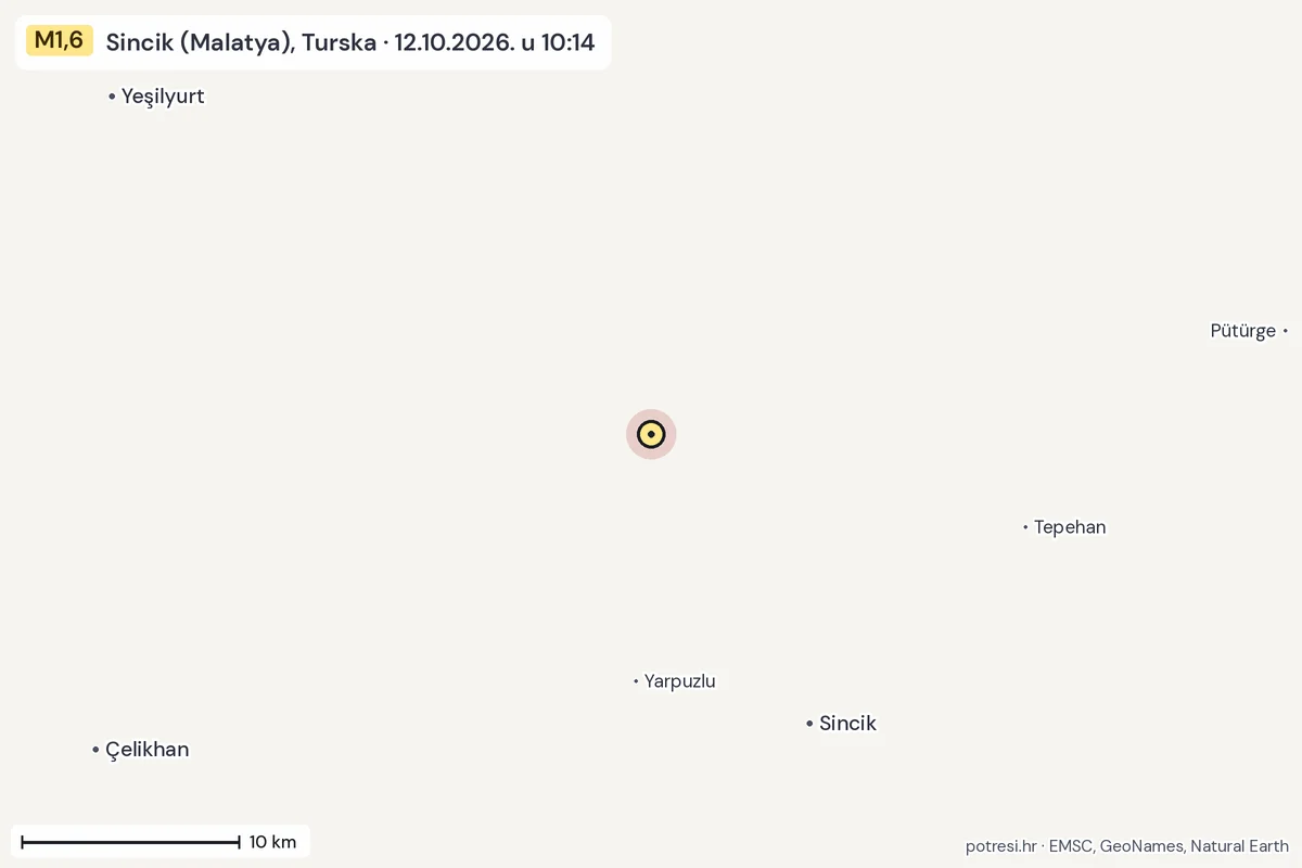Karta: okolica epicentra, 60 km, potres M1,6, Sincik (Malatya), Turska, 12.10.2026.