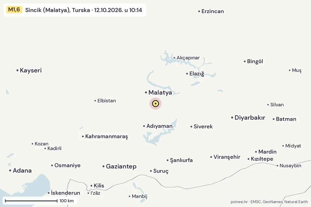 Karta: šire područje, 600 km, potres M1,6, Sincik (Malatya), Turska, 12.10.2026.