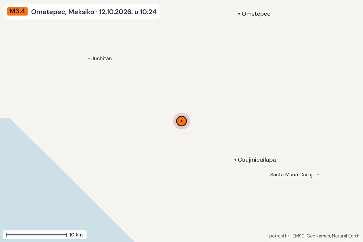 Karta: okolica epicentra, 60 km, potres M3,4, Ometepec, Meksiko, 12.10.2026.