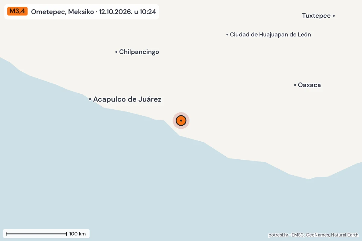 Karta: šire područje, 600 km, potres M3,4, Ometepec, Meksiko, 12.10.2026.