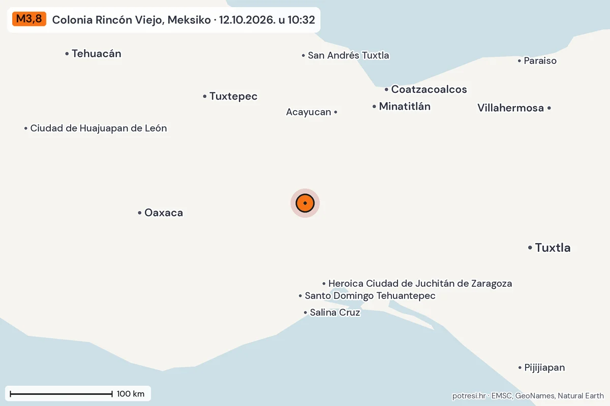 Karta: šire područje, 600 km, potres M3,8, Colonia Rincón Viejo, Meksiko, 12.10.2026.