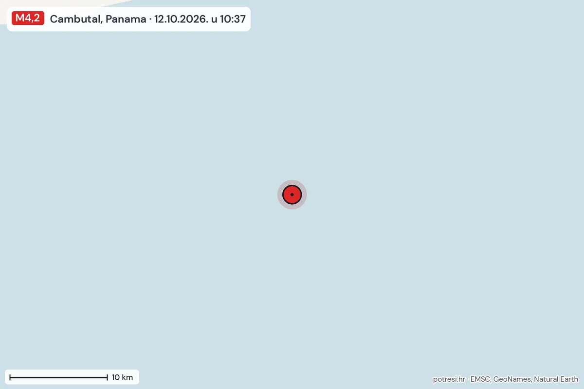 Karta: okolica epicentra, 60 km, potres M4,2, Cambutal, Panama, 12.10.2026.